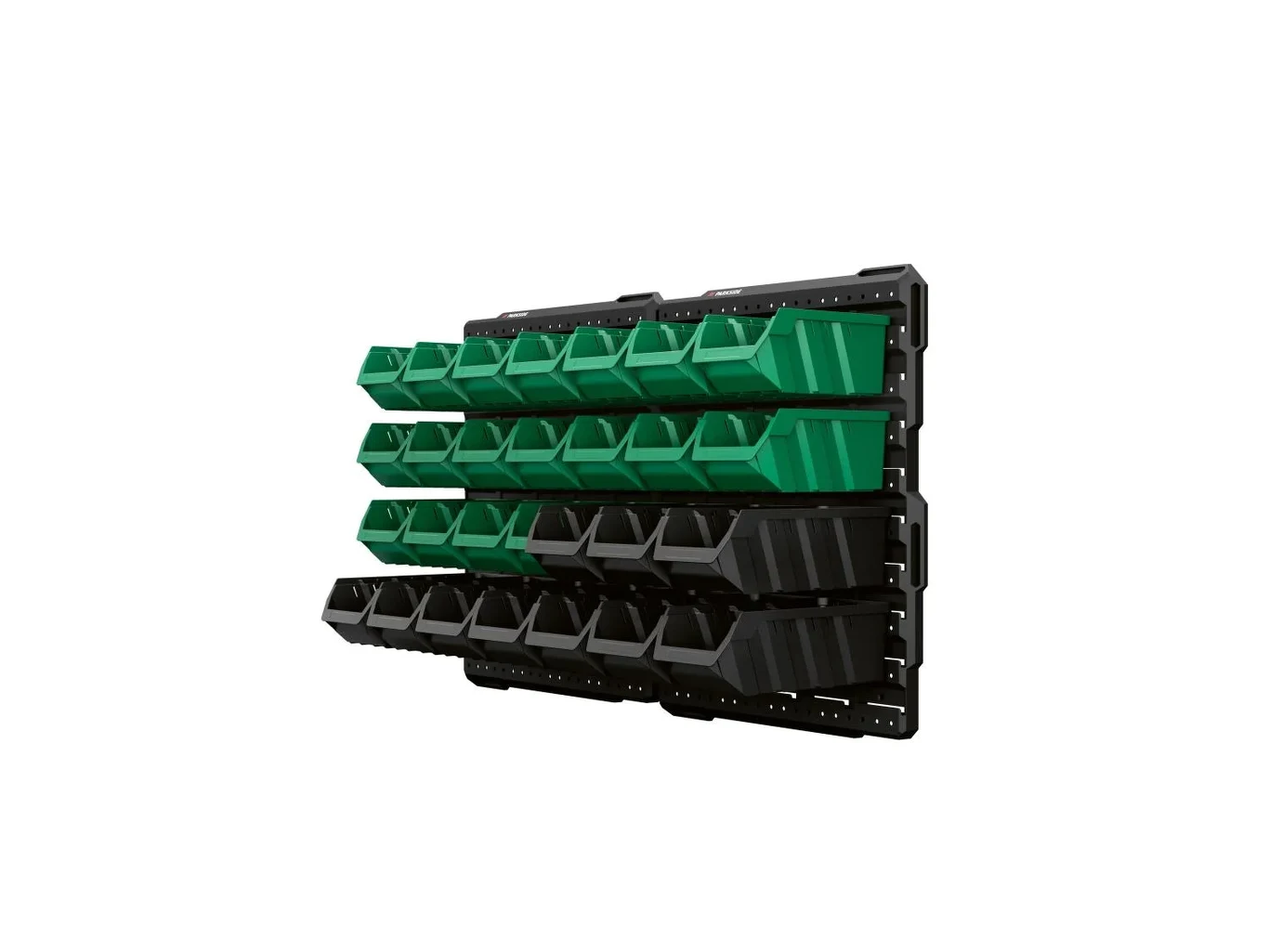 Ścienny organizer warsztatowy Parkside za 59,99 zł Zestaw plastikowych pojemników warsztatowych w kolorach zielonym i czarnym, ułożonych w czterech rzędach na czarnej tablicy montażowej.