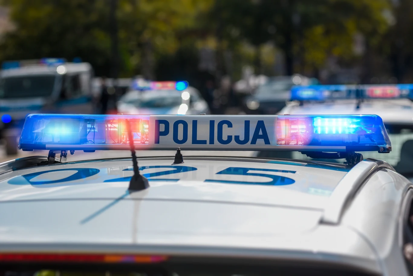 Syren alarmowych używają radiowozy, ambulanse i wozy straży pożarnej. Policyjny radiowóz z włączonymi sygnałami świetlnymi, oznakowany napisem 'Policja'.