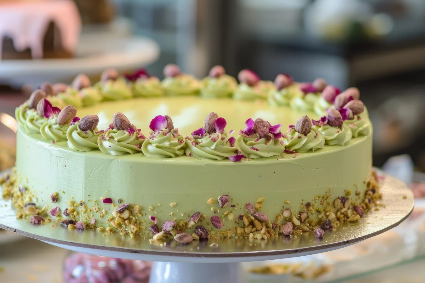 Krem pistacjowy sprawdzi się do przełożenia i otynkowania tortu Tort z kremem pistacjowym ozdobiony różowymi płatkami kwiatów, pistacjami i rozetami z kremu, posypka z orzechów.
