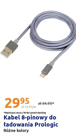 Kabel do ładowania telefonu Prologic za 29,95 zł Srebrny kabel 8-pinowy z metalizowanymi końcówkami USB i Lightning, solidnie opleciony, zaprezentowany w formie lekko zwiniętej na białym tle obok ceny i informacji o promocji.