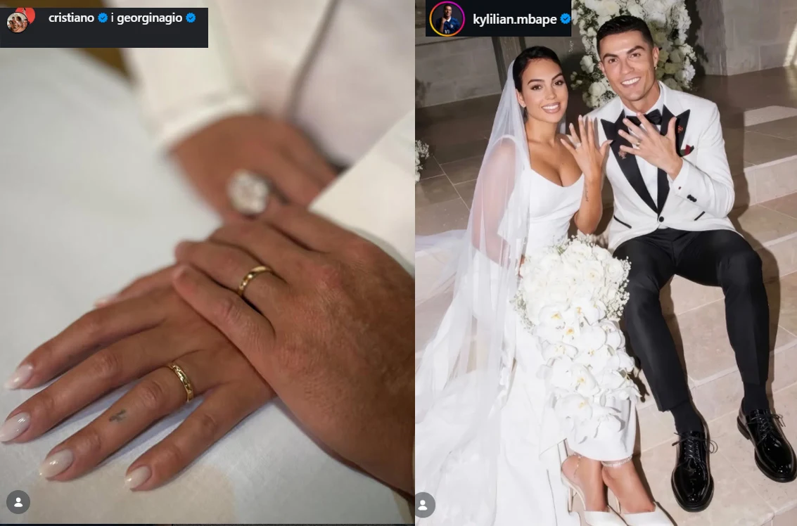 Para młoda w eleganckich strojach ślubnych pokazuje obrączki, trzymając się za ręce, a panna młoda trzyma bukiet białych kwiatów.