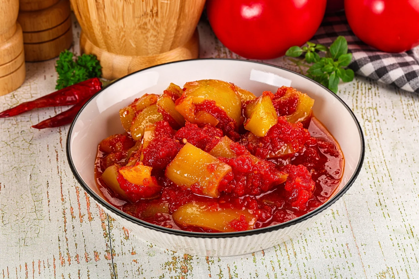Jak zrobić cukinię po turecku? To prostsze niż myślisz Pokrojona cukinia w gęstym sosie pomidorowym, podana w białej misce, inspirowana kuchnią turecką.