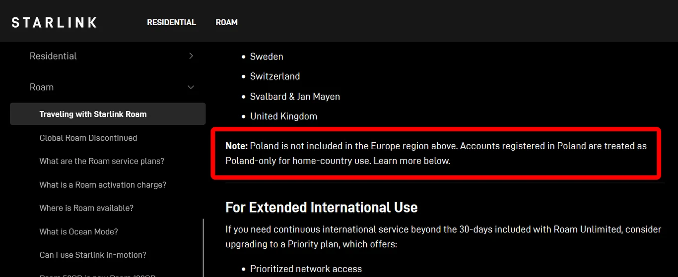Polska została wykluczona z europejskiej strefy mobilnej Starlink Roam Komunikat o wyłączeniu Polski z regionu Europy w usługach Starlink wraz z informacją, że konta zarejestrowane w Polsce mogą być używane wyłącznie na terenie kraju.