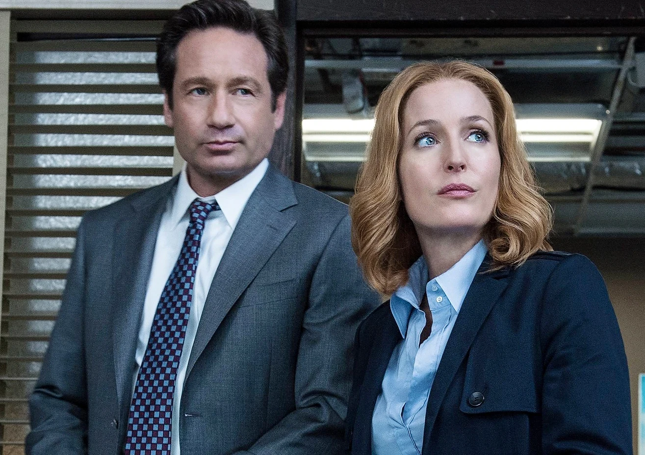 Fox Mulder (David Duchovny), Dana Scully (Gillian Anderson) Fox Mulder (David Duchovny) i Dana Scully (Gillian Anderson) stoją obok siebie w biurze, patrząc w różne strony.
