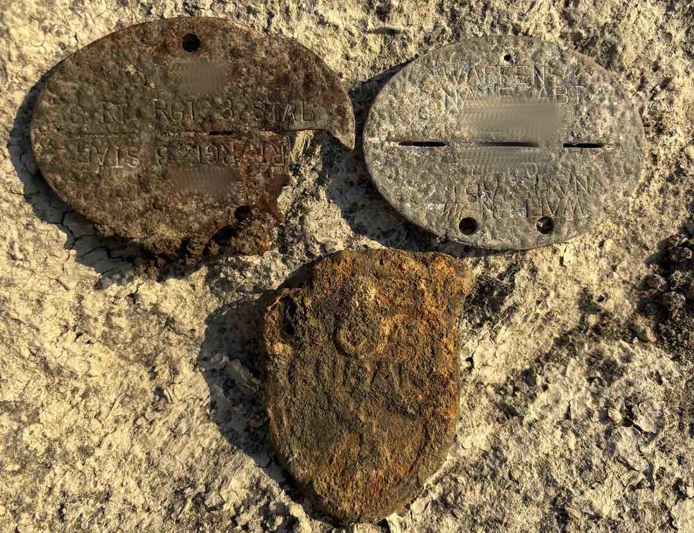 Odnalezione nieśmiertelniki i odznaka za kampanię w Kubaniu / Fot: VOLKSBUND DEUTSCHE KRIEGSGRAEBERFUERSORGE EV Trzy owalne, metalowe nieśmiertelniki wojskowe o różnym stopniu zardzewienia i wyraźnych znakach wybitych na powierzchni, ułożone na jasnej, chropowatej powierzchni.