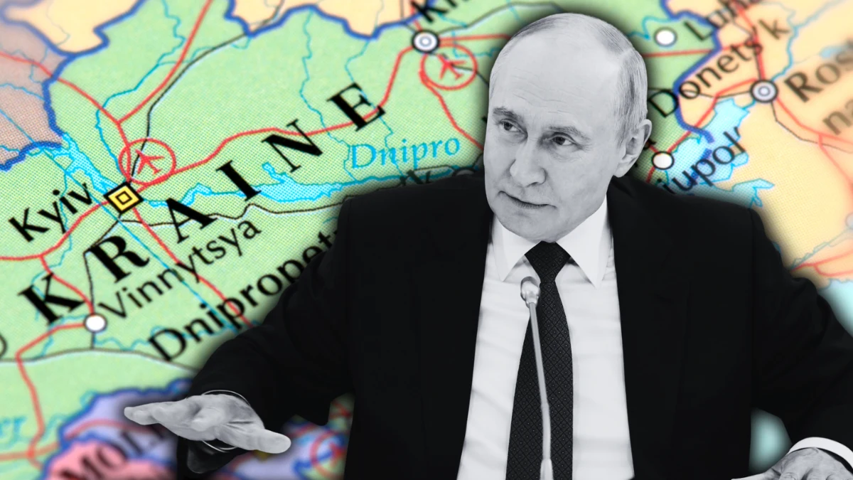 Kreml miał ustalić wynik wyborów na okupowanych terenach Ukrainy Władimir Putin na tle mapy Ukrainy. Kreml miał wyznaczyć oczekiwany wynik wyborów na okupowanych terytoriach.