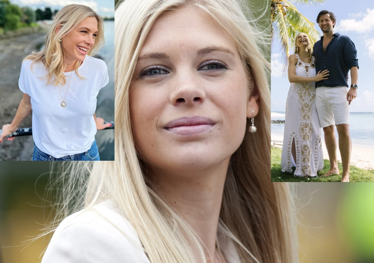 Młoda kobieta o długich blond włosach w centrum kadru, obok dwa mniejsze zdjęcia – na jednym uśmiechnięta w białej koszulce, na drugim ubrana w jasną sukienkę stoi przy mężczyźnie na tle plaży i palm.