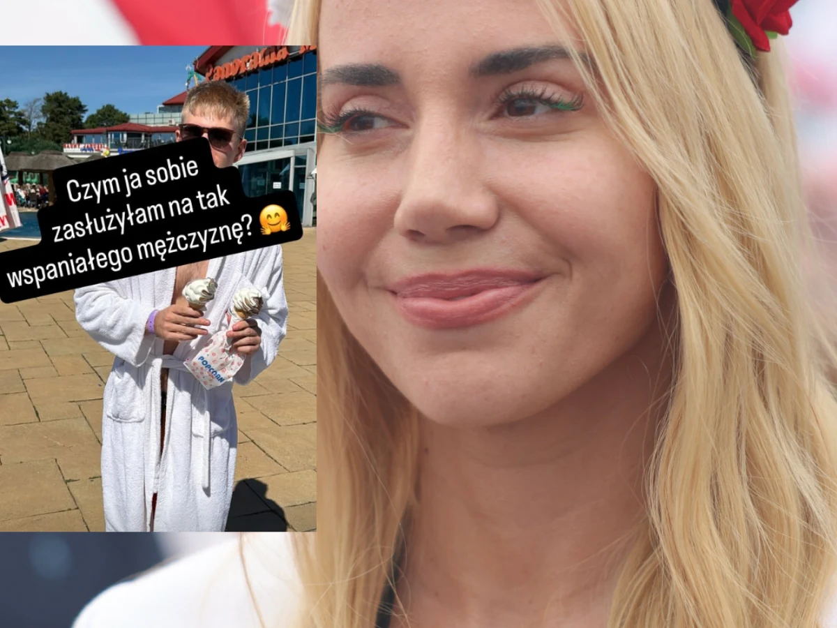 Młoda kobieta z długimi blond włosami i subtelnym uśmiechem, w wieńcu z czerwonych kwiatów, a obok mężczyzna w okularach przeciwsłonecznych i białym szlafroku, trzymający dwie gałki lodów oraz bukiet białych kwiatów, z nałożonym napisem na zdjęciu.