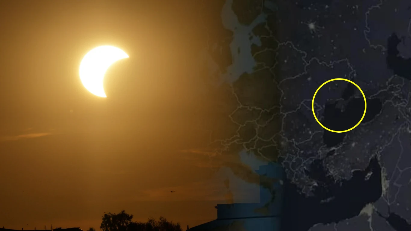 Zaćmienie słońca i wpadka NASA. Ukraińscy internauci oraz media mają pretensje Częściowe zaćmienie Słońca na tle ciemnego nieba i fragment mapy Europy z żółtym okręgiem.