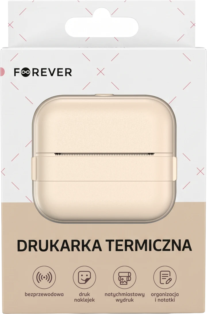 Kompaktowa, bezprzewodowa drukarka termiczna w kolorze beżowym, zamknięta w estetycznym opakowaniu z informacjami o funkcjach, takich jak druk naklejek, natychmiastowy wydruk oraz organizacja i notatki.