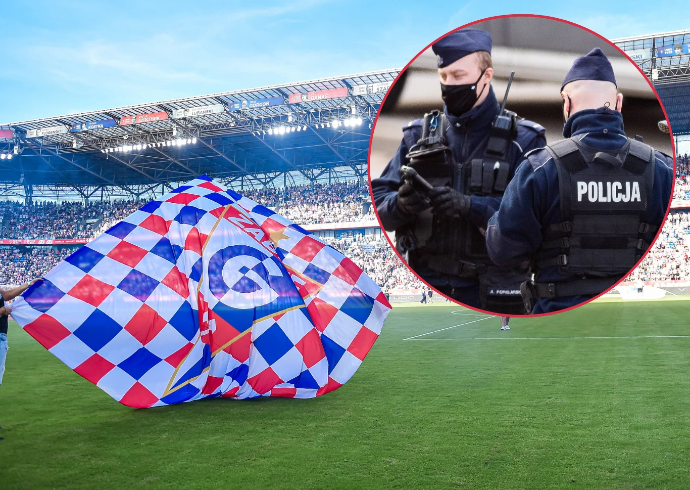 Skandal w Zabrzu przed meczem Górnika. Kibice gości zaatakowani Flaga w klubowych barwach na murawie stadionu Górnika, w prawym górnym rogu dwaj policjanci