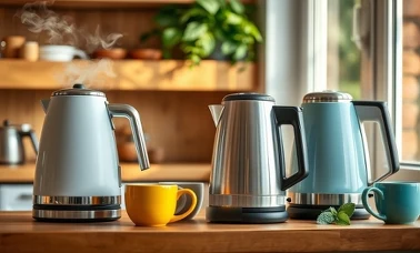 Czajnik elektryczny na kuchennym blacie obok kubków z herbatą