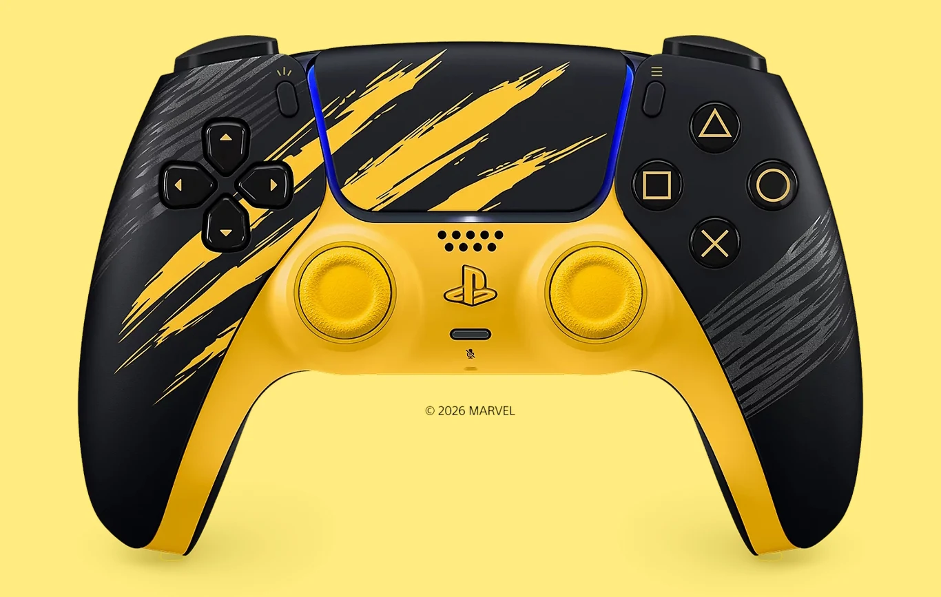 Czarny i żółty kontroler PlayStation z motywem pazurów oraz logo PlayStation pośrodku, ozdobiony charakterystycznymi żółtymi śladami przypominającymi zadrapania.