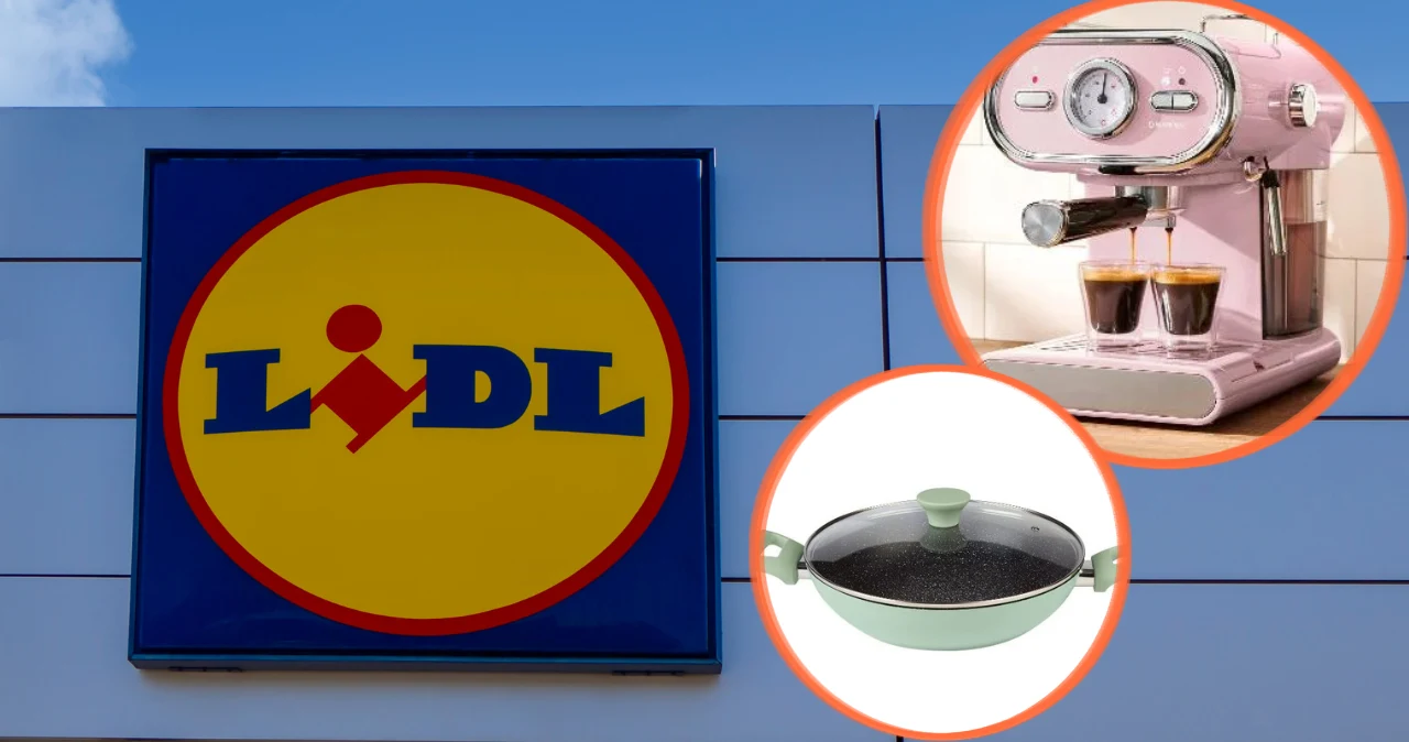 Różowy air fryer za 161 zł to dopiero początek. Lidl pokazał nową kolekcję Logo sklepu Lidl na budynku, grafika ekspresu do kawy w stylu retro i patelni z pokrywką.