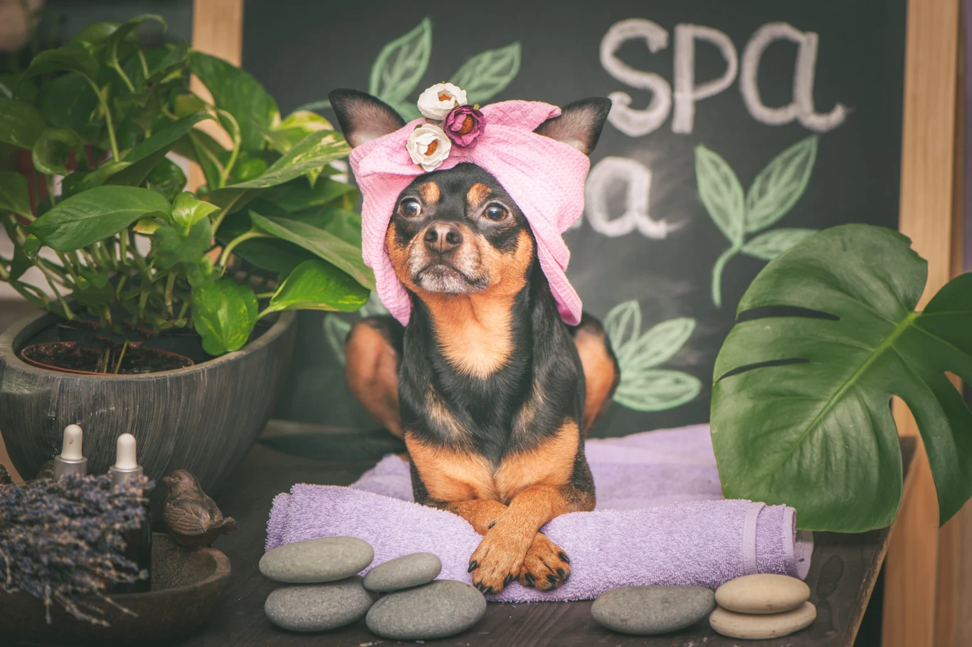 Quay robi swoim psom prawdziwe SPA Mały pies w różowym ręczniku i opasce z kwiatkami leży na fioletowym ręczniku pośród kamieni do masażu i otaczających go roślin, z tablicą z napisem „spa” w tle.