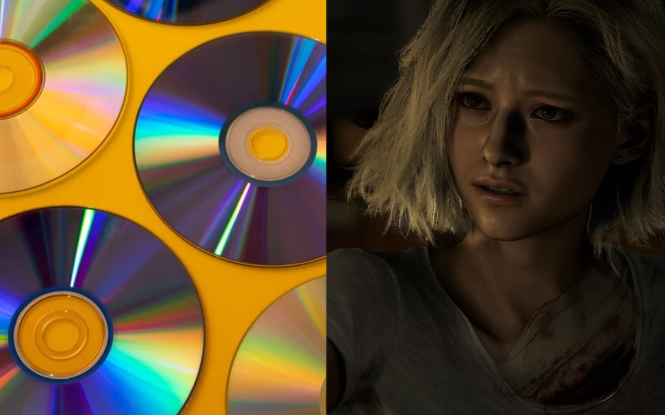 Najnowszy Resident Evil stoi w opozycji do trendu z wycofaniem gier na płytach Kolorowe płyty CD na żółtym tle, obok postać kobiety o blond włosach i śladami krwi na ramieniu.