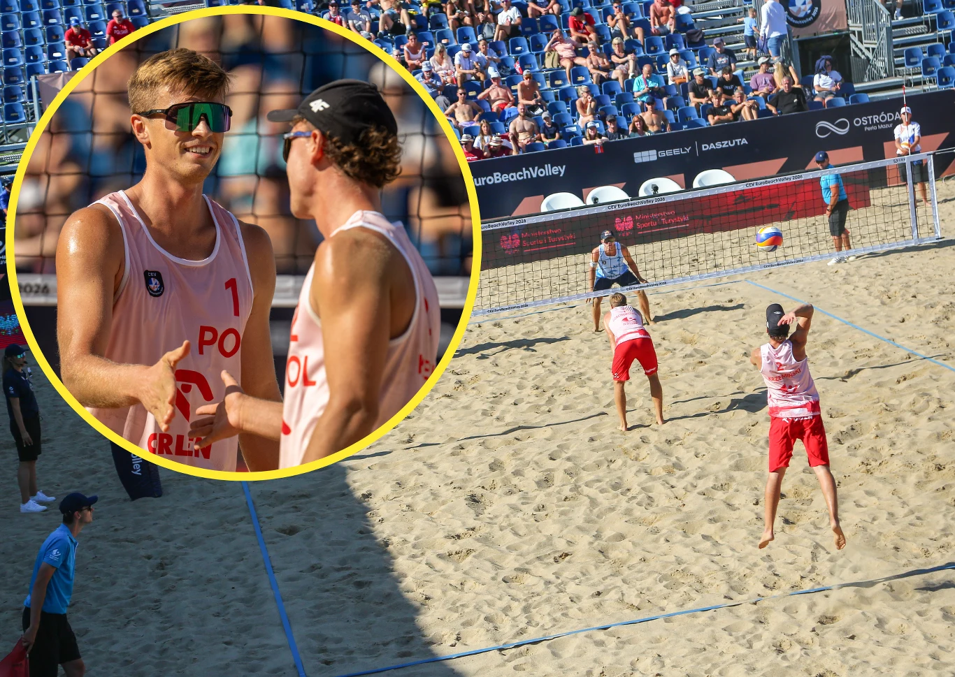 Polska para Czachorowski/Krzemiński pokonała Czechów Polska para Czachorowski i Krzemiński na boisku do siatkówki plażowej podczas meczu z Czechami.