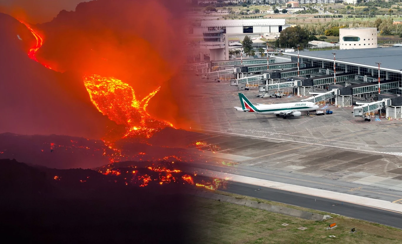 Aktywność wulkanu Etna nie pozwala na wznowienie działania lotniska w Katanii Strumień lawy wypływa z wulkanu Etna w pobliżu lotniska, na którym stoi samolot pasażerski.