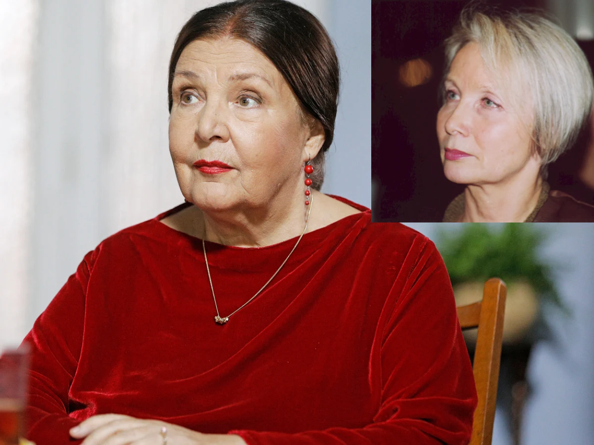 Marta Lipińska, Pola Raksa Pola Raksa przy stole w czerwonej sukni oraz wizerunek Marty Lipińskiej w rogu kadru.