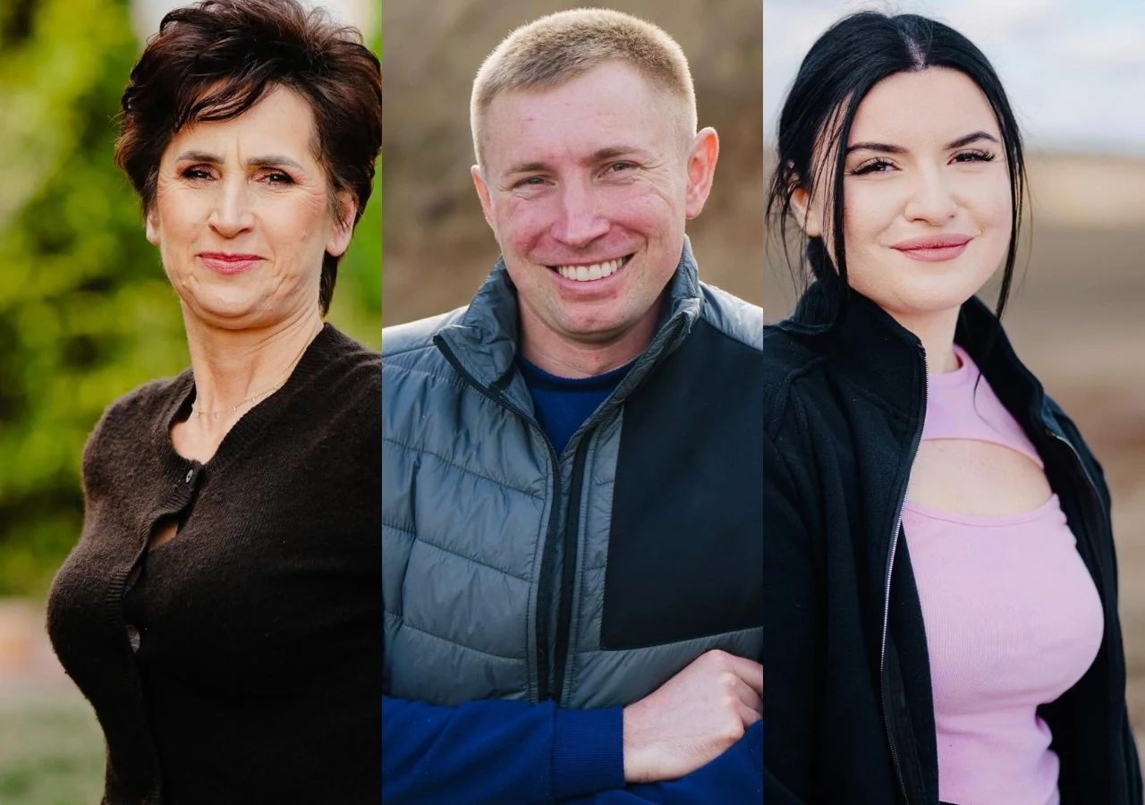 Uczestnicy 13. sezonu "Rolnik szuka żony" Portrety trzech osób: kobiety o krótkich, ciemnych włosach w ciemnym swetrze, mężczyzny z krótkimi blond włosami ubranego w sportową kurtkę oraz młodej kobiety z długimi czarnymi włosami, uśmiechniętej, ubranej w jasnoróżowy top i czarną marynarkę.