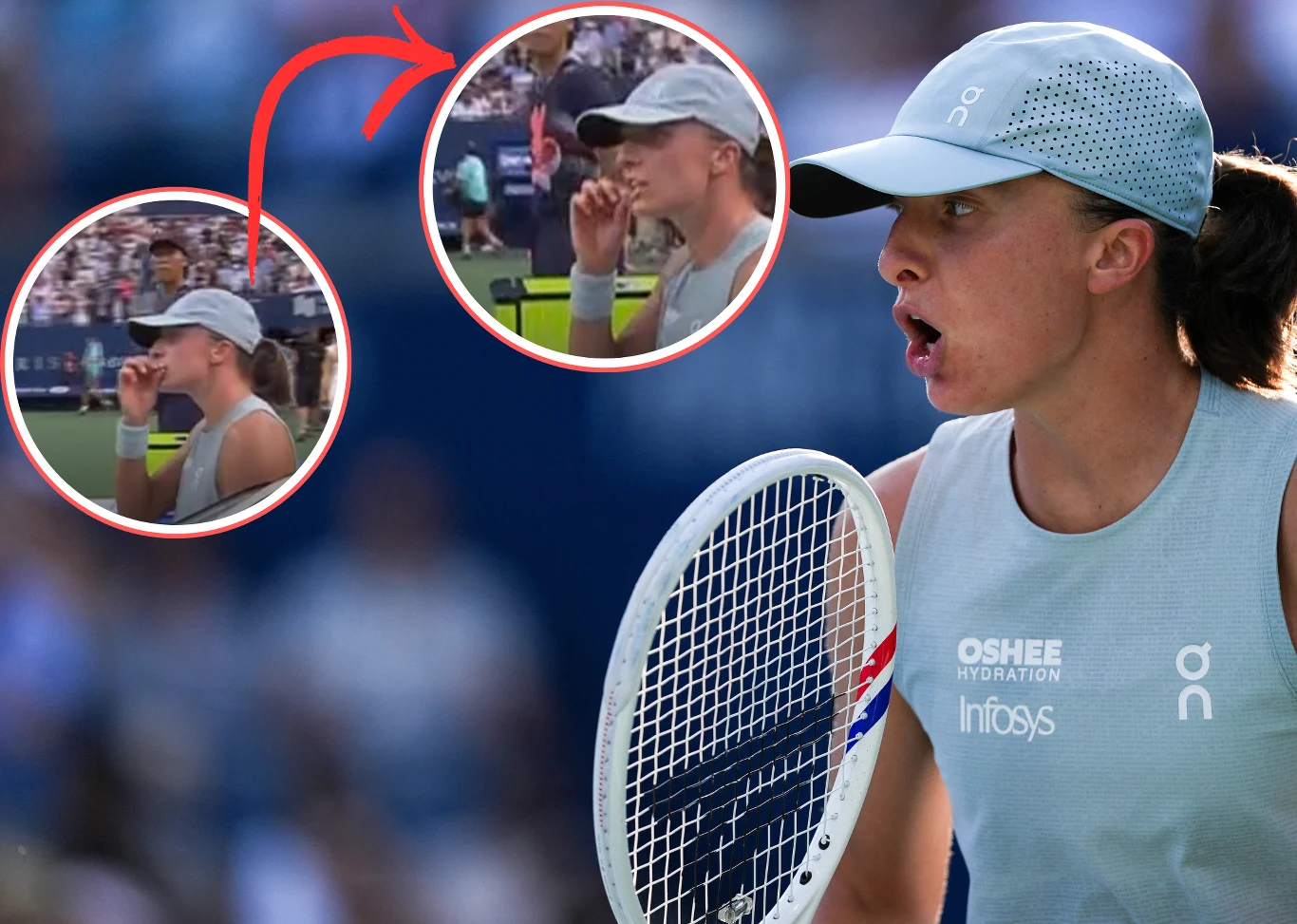 Iga Świątek po finale turnieju WTA 1000 w Toronto z Jeleną Rybakiną Iga Świątek w jasnej czapce i koszulce On, trzymająca rakietę oraz wykonująca gest przykładania palca do ust po finale w Toronto.