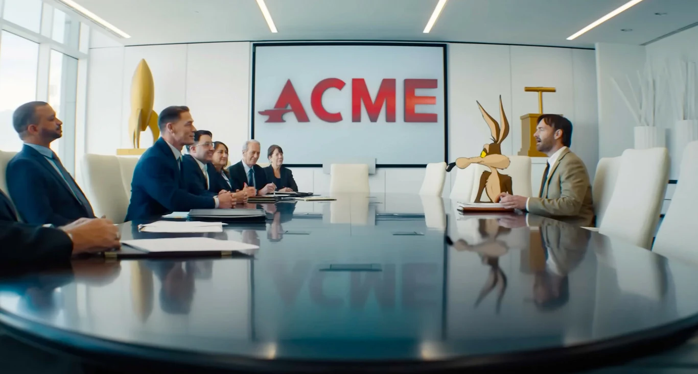 Grupa elegancko ubranych osób prowadzi formalną rozmowę przy długim, lśniącym stole konferencyjnym z widocznym na ścianie dużym logo ACME oraz złotymi figurami rakiety i zająca w tle.