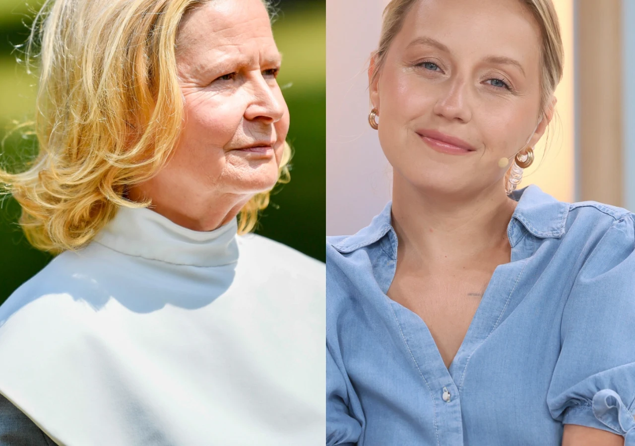 Barbara Bursztynowicz, Sandra Hajduk Sandra Hajduk w błękitnej koszuli i Barbara Bursztynowicz w białym stroju w studiu Dzień dobry TVN.