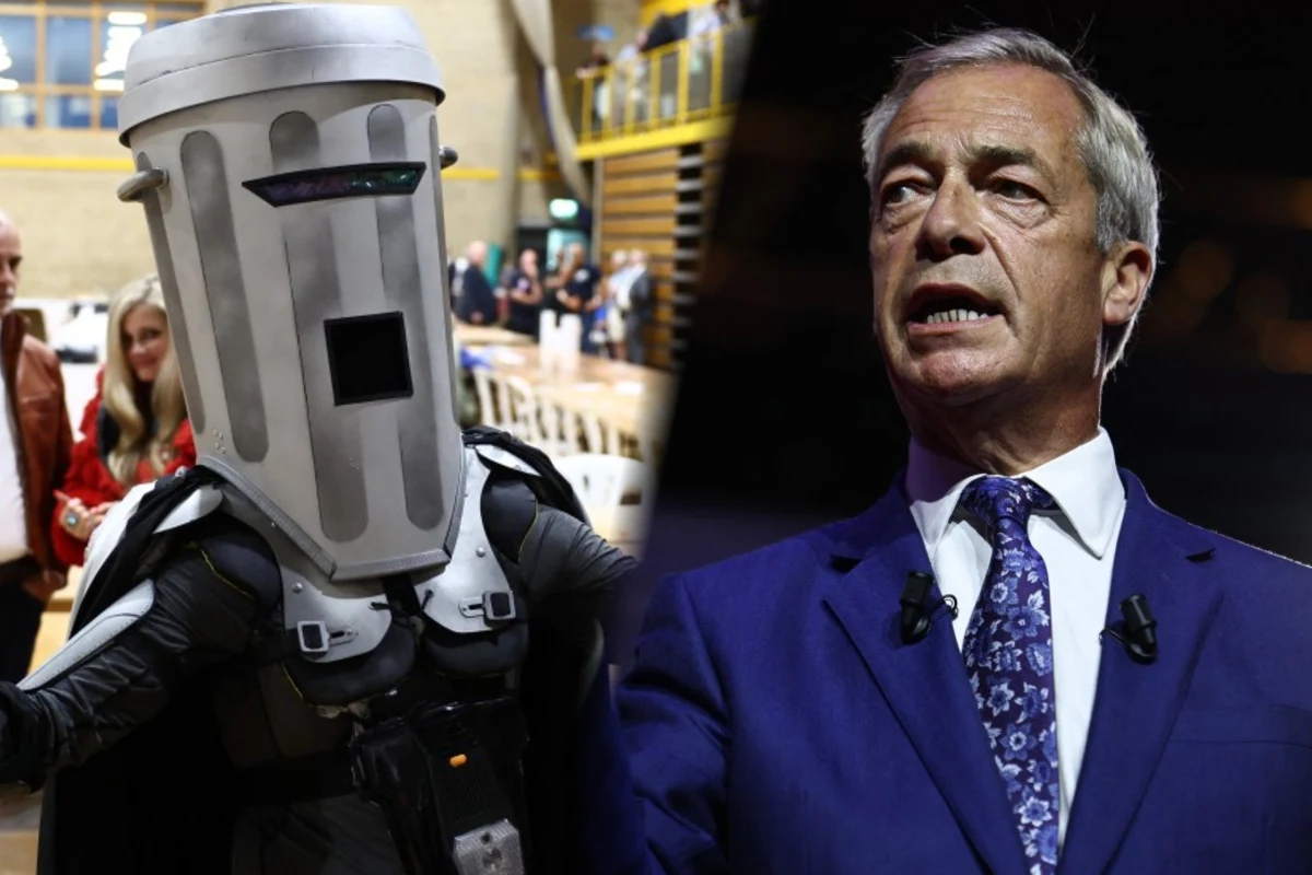 Hrabia Śmietnikogłowy i lider partii Reform UK Nigel Farage Hrabia Śmietnikogłowy w kostiumie kosza na śmieci i Nigel Farage w garniturze na podzielonym zdjęciu.