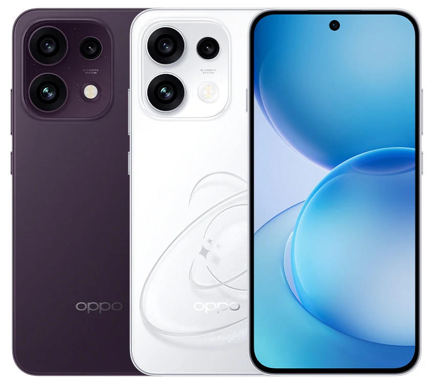 Smartfon Oppo Reno 16 FS 5G. Dwa smartfony Oppo w kolorach czarnym i białym, widoczne z tyłu oraz jeden z przodu z dużym wyświetlaczem, centralnie umieszczonym aparatem do selfie i efektowną grafiką na ekranie.