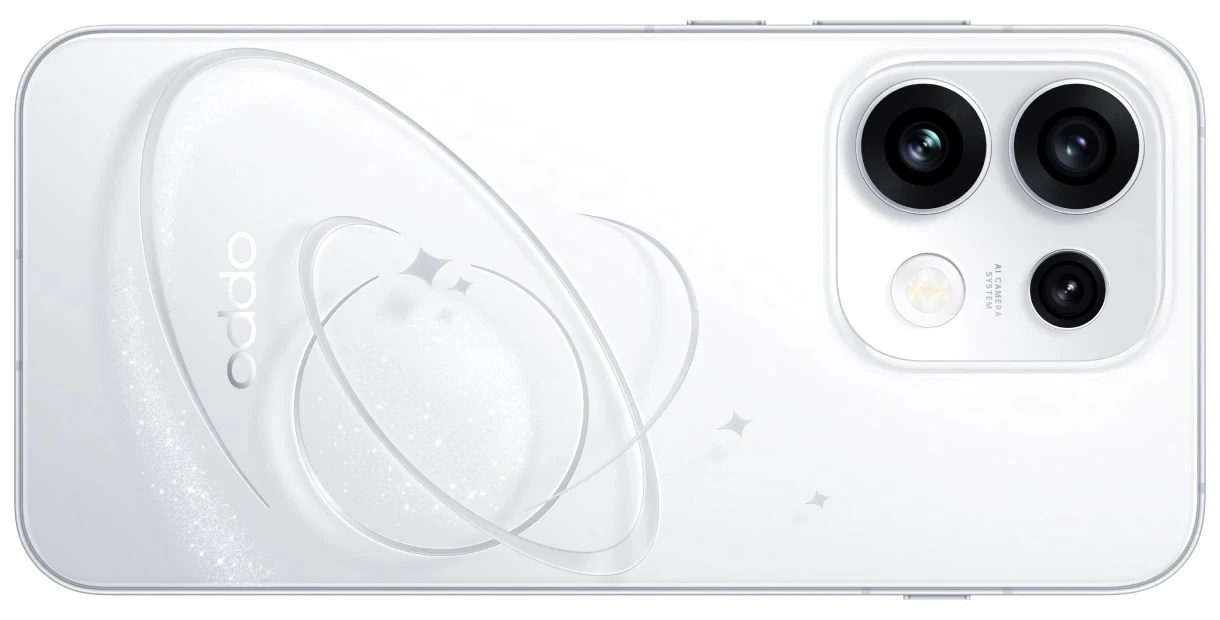 Smartfon Oppo Reno 16 Pro 5G. Biała obudowa smartfona z trzema aparatami i lampą błyskową w kwadratowym module, ozdobiona delikatnym, połyskującym wzorem przypominającym pierścienie planety.