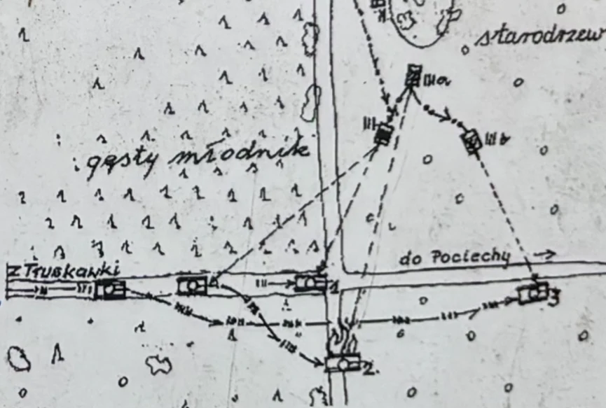 Mapa bitwy w Kampinosie sporządzona przez plutonowego Orlika Fragment ręcznie szkicowanej mapy z oznaczeniami dróg, punktów obserwacyjnych i lasu, podpisanymi nazwami lokalizacji: Truskawki, Pociecha oraz gęsty młodnik, z czytelną siatką linii łączących najważniejsze punkty.