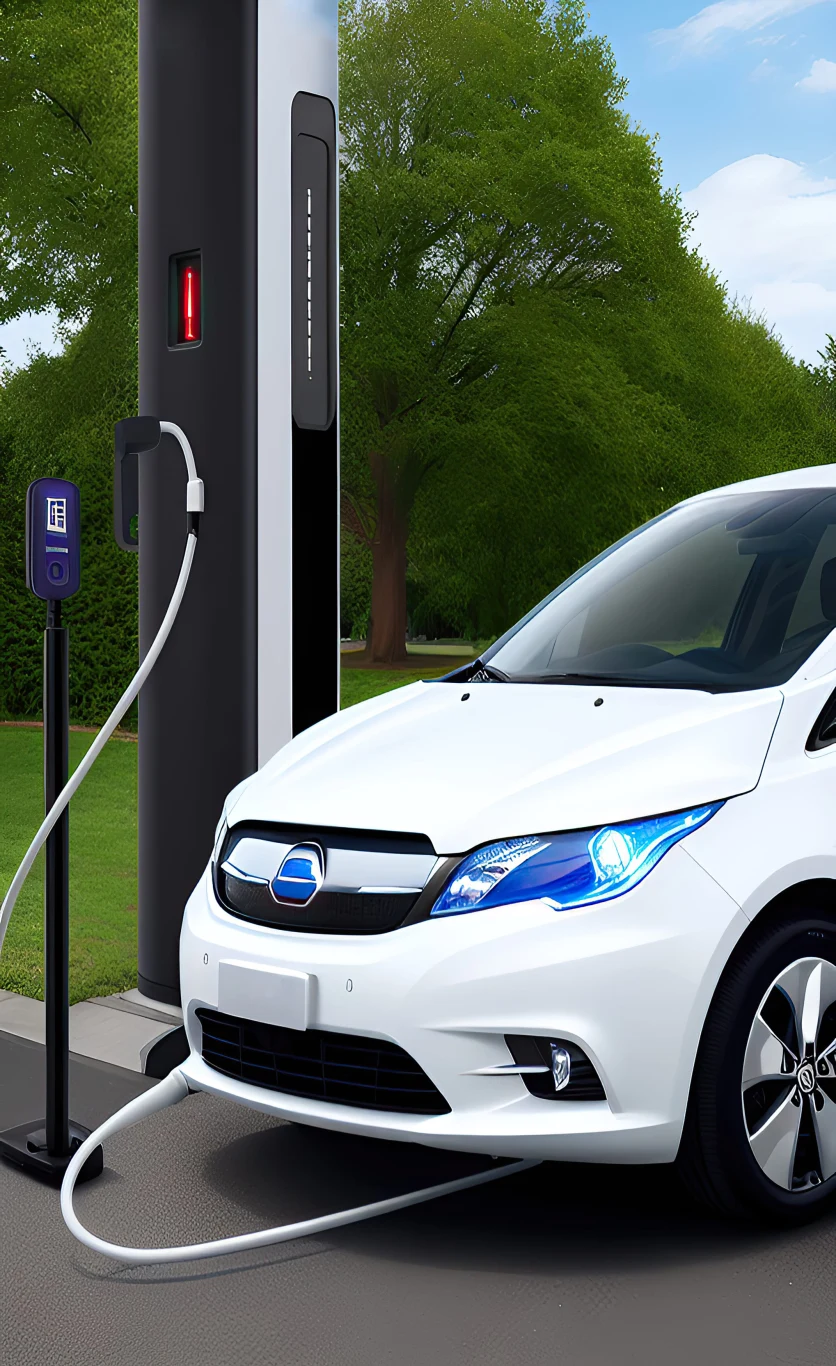 Biały samochód elektryczny podłączony do nowoczesnej ładowarki na tle zielonych drzew.
