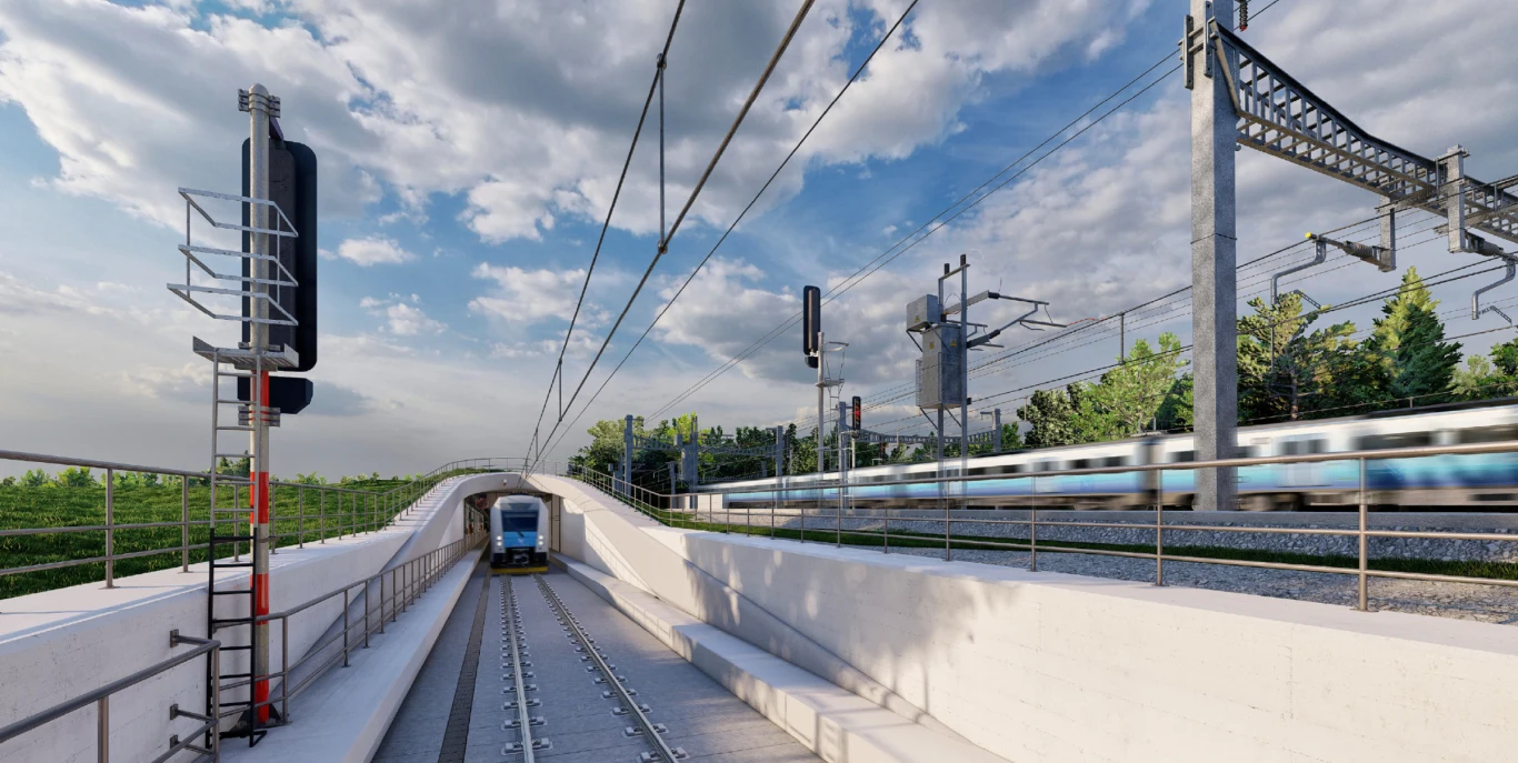 Kluczowy tunel kolejowy CPK. Podano termin rozpoczęcia odwiertu. Nowoczesny tunel kolejowy CPK, obok szybki pociąg, zieleń, trakcja elektryczna, jasne niebo.