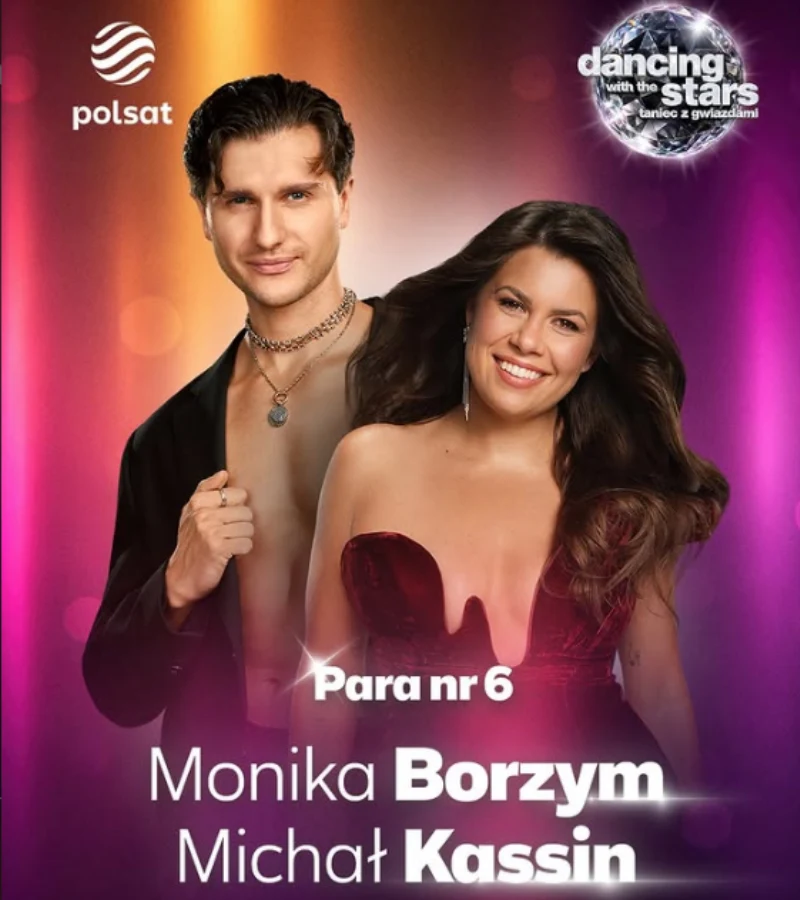 Para taneczna prezentująca się w eleganckich stylizacjach na tle gradientowego różowo-fioletowego światła, z widocznymi logotypami programu Dancing with the Stars i stacji Polsat oraz podpisem z imionami i nazwiskami uczestników.