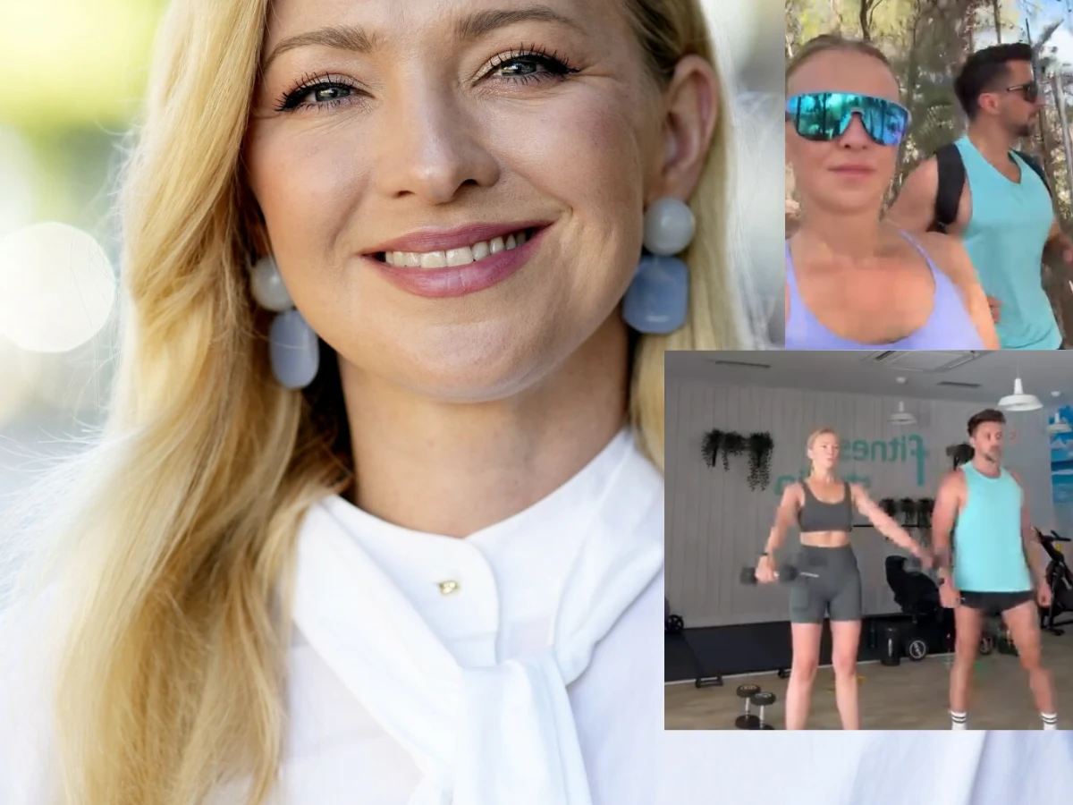 Kobieta z blond włosami uśmiecha się, nosi białą bluzkę i jasne kolczyki; po prawej dwie mniejsze sceny: kobieta i mężczyzna podczas joggingu w okularach sportowych oraz ta sama para wykonująca ćwiczenia siłowe na siłowni.