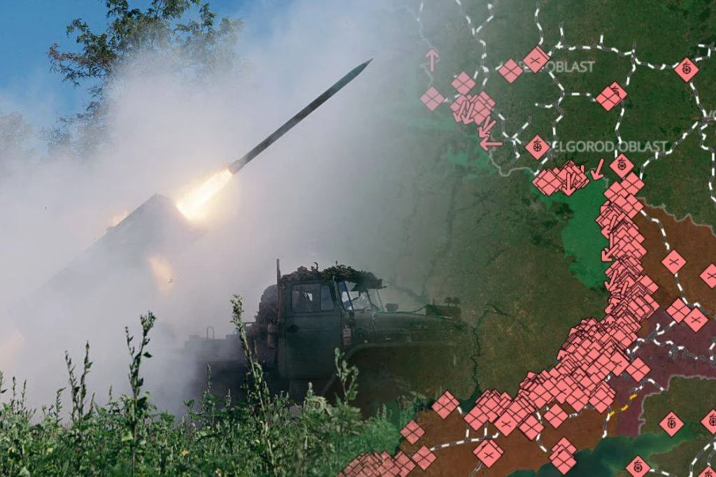 Wojna w Ukrainie. Ukraińcy zaatakowali w Rosji, są ofiary Start ukraińskiej rakiety. Obok mapa przedstawiająca front wojny na Ukrainie.