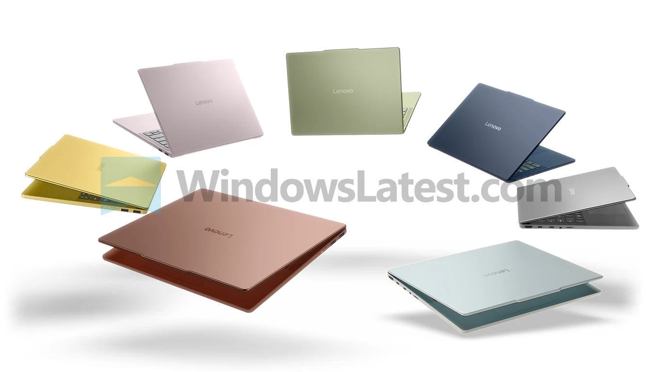 Laptopy Samsung Galaxy Book w różnych pastelowych kolorach ustawione w półkolu na białym tle.