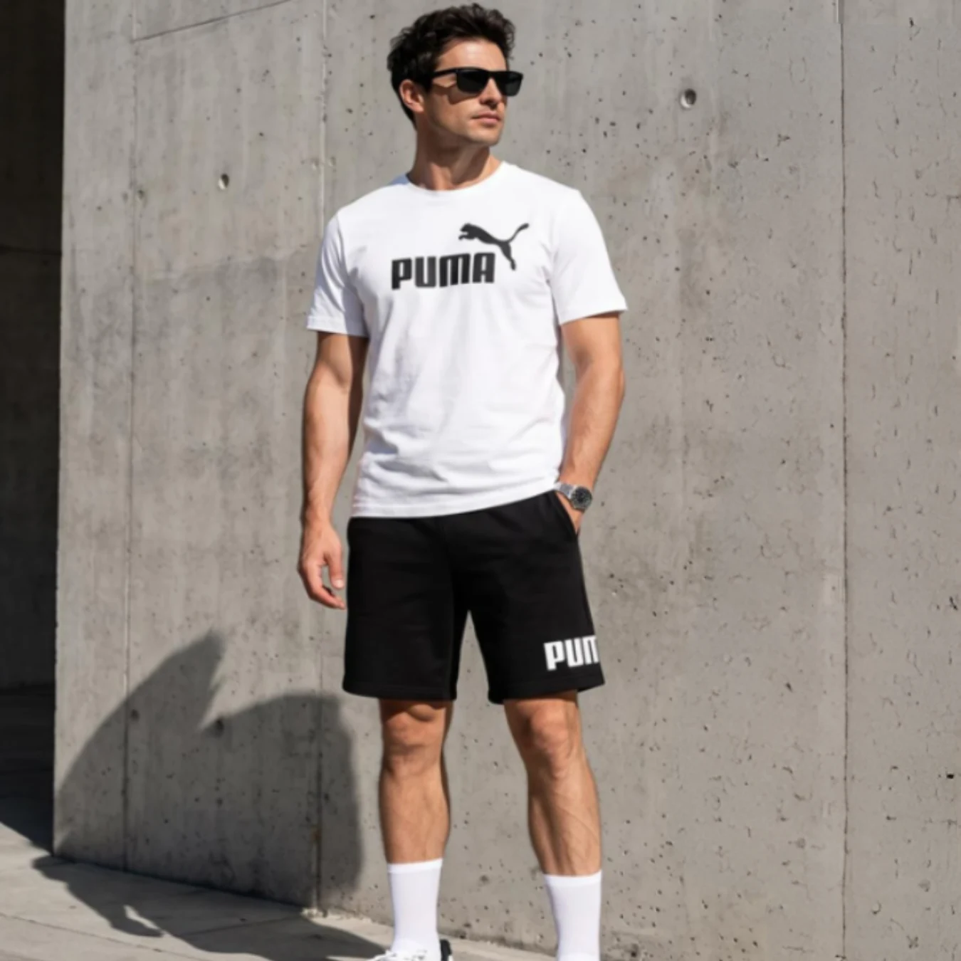 Puma od 59,90 zł w Biedronce Mężczyzna w okularach przeciwsłonecznych ubrany w biały t-shirt z logo Puma oraz czarne spodenki Puma, stojący przy betonowej ścianie.