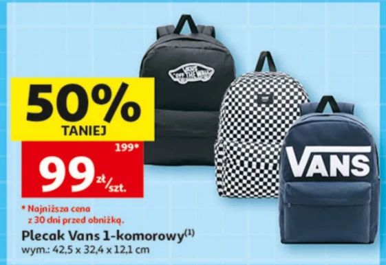 Trzy plecaki Vans z widocznym logo, w różnych wzorach i kolorach, z informacją o promocji 50% taniej oraz cenie 99 zł za sztukę.