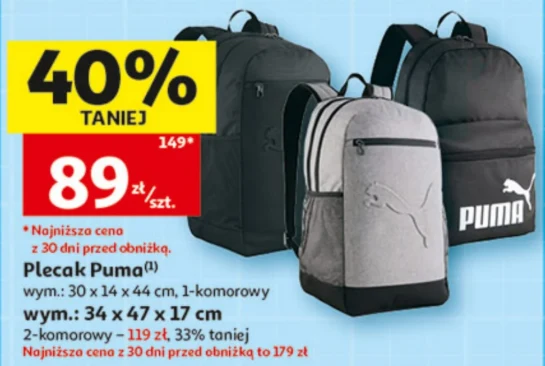 Trzy plecaki Puma w kolorach czarnym i szarym, każdy z charakterystycznym logo marki, obok duży żółty baner informujący o promocji 40% taniej oraz cena 89 zł za sztukę.