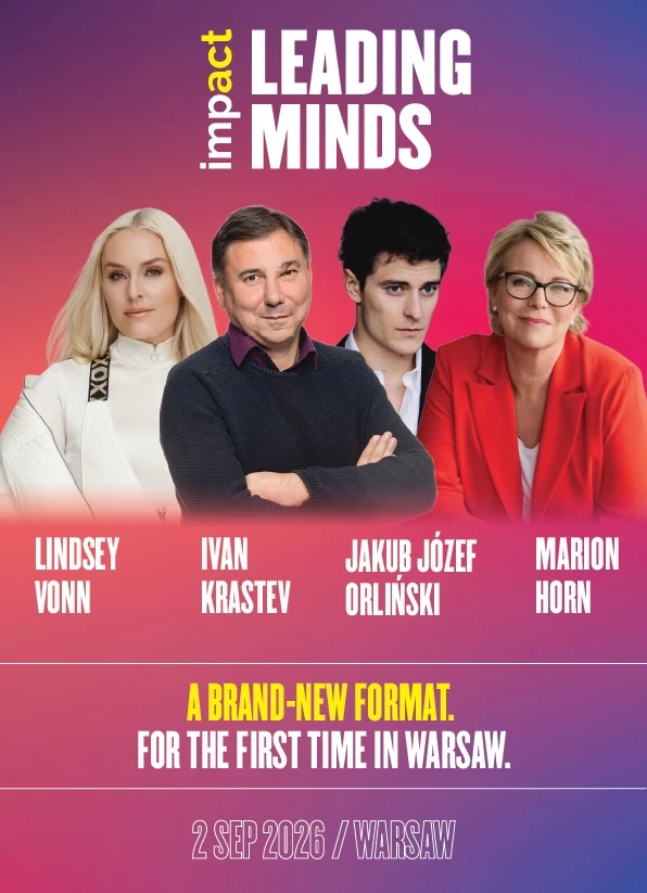 Cztery wyeksponowane postacie: Lindsey Vonn w białym stroju, Ivan Krastev w ciemnym swetrze, Jakub Józef Orliński w czarnym żakiecie oraz Marion Horn w czerwonej marynarce, na kolorowym tle promującym wydarzenie Impact Leading Minds 2026 w Warszawie.
