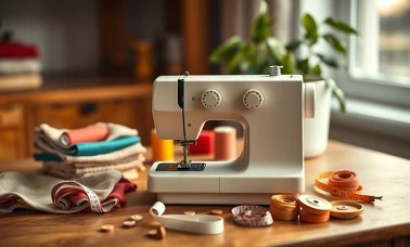 Mała maszyna do szycia na drewnianym stole wśród kolorowych szpulek nici, tkanin i centymetra