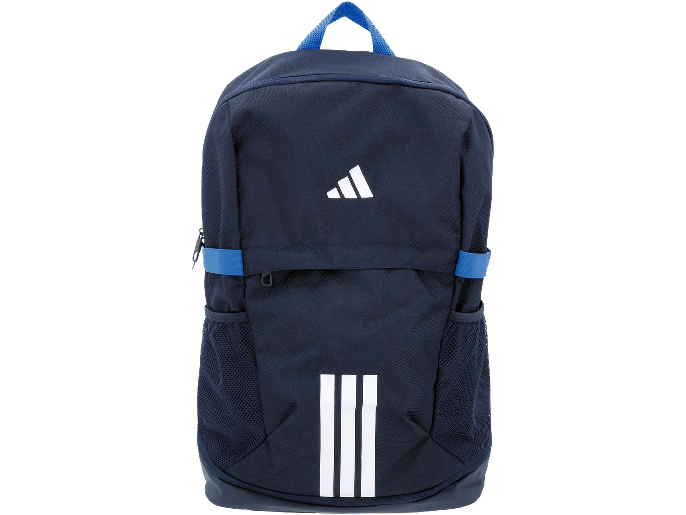 Plecak Adidas Tiro za 99 zł Granatowy plecak sportowy z białym logo i trzema pionowymi paskami z przodu, wyposażony w dwie boczne siateczkowe kieszenie oraz niebieską rączkę u góry.