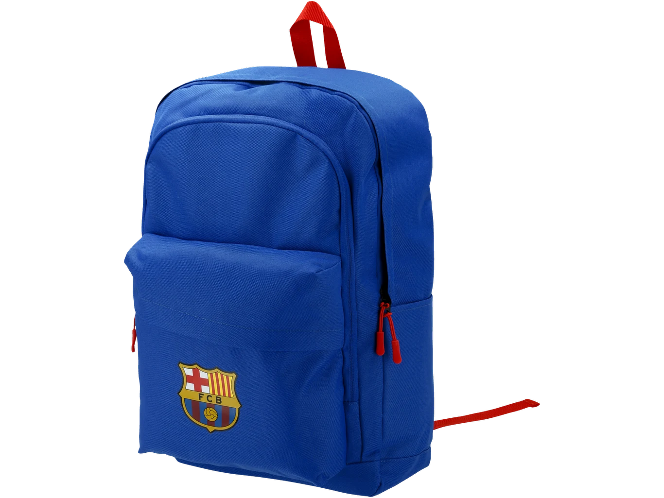 Plecak z motywem piłkarskim FC Barcelona za 49,99 zł Niebieski plecak z czerwonymi suwakami i uchwytem, ozdobiony herbem klubu FC Barcelona na przedniej kieszeni.