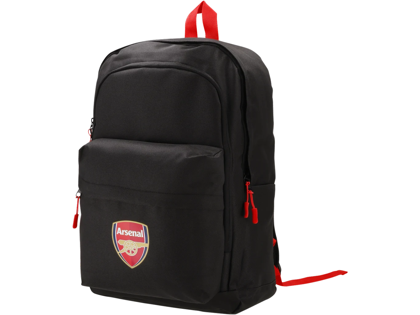 Plecak z motywem piłkarskim Arsenal za 49,99 zł Czarny plecak z czerwonymi detalami i dużym herbem klubu Arsenal na przedniej kieszeni.