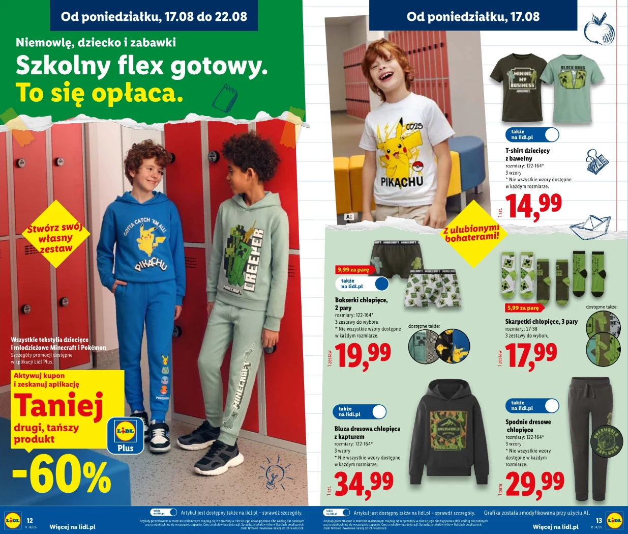 Tekstylia dziecięce i młodzieżowe Minecraft i Pokémon 60% taniej Dwóch uśmiechniętych chłopców w sportowych ubraniach rozmawia przy szafkach, obok widoczne są zestawy dziecięcej odzieży z nadrukami bohaterów bajek i gier oraz informacje o promocjach na nowe ubrania szkolne.