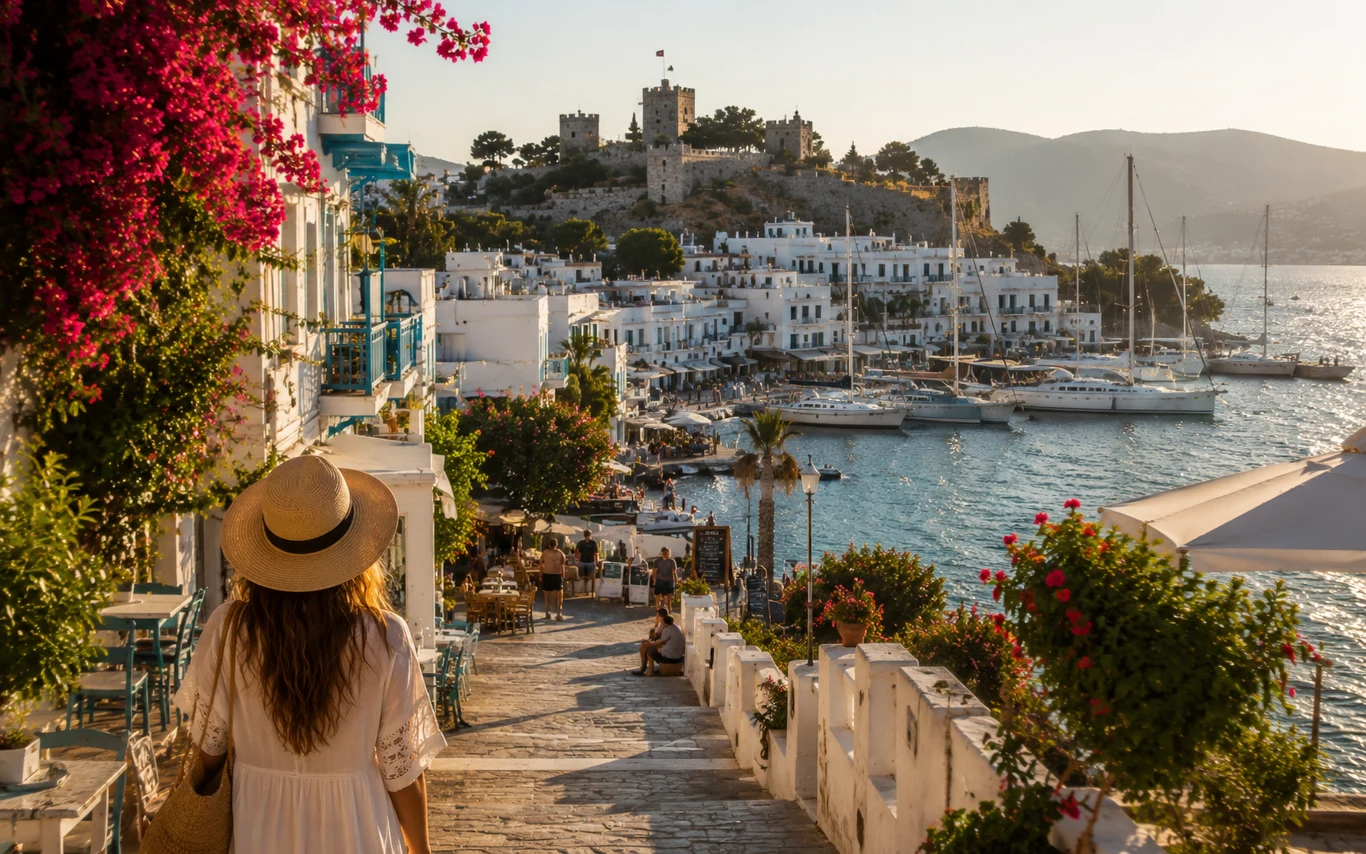 W Bodrum i okolicach jest co zwiedzać Kobieta w kapeluszu spacerująca wąską, brukowaną uliczką prowadzącą do portu z białymi budynkami, bujną roślinnością i malowniczym zamkiem górującym nad zatoką w promieniach zachodzącego słońca.