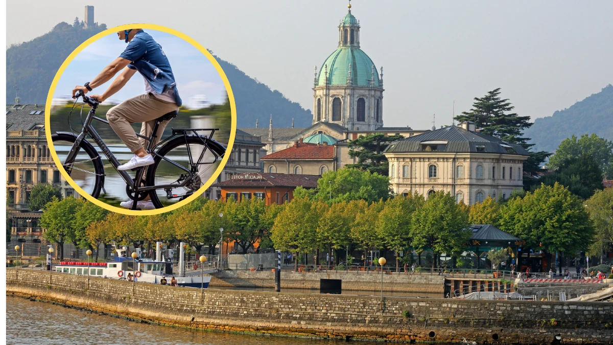 Como wprowadza zakaz ruchu rowerów w centrum miasta Widok na centrum Como we Włoszech z rowerzystą na pierwszym planie
