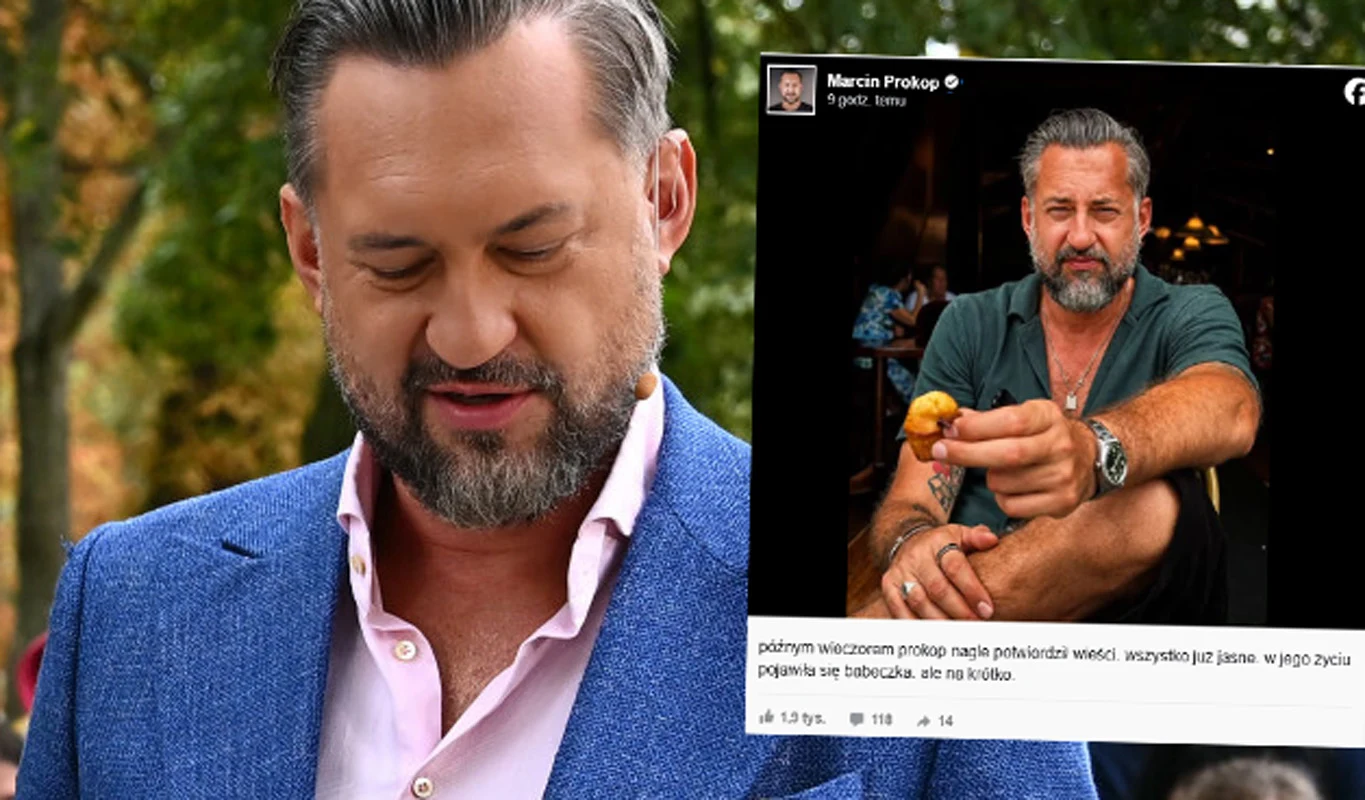 Mężczyzna w eleganckiej niebieskiej marynarce i różowej koszuli na tle zieleni oraz jego zdjęcie w mediach społecznościowych, na którym siedzi przy stole, ubrany w ciemną koszulę i szorty, trzymając w dłoni przekąskę.