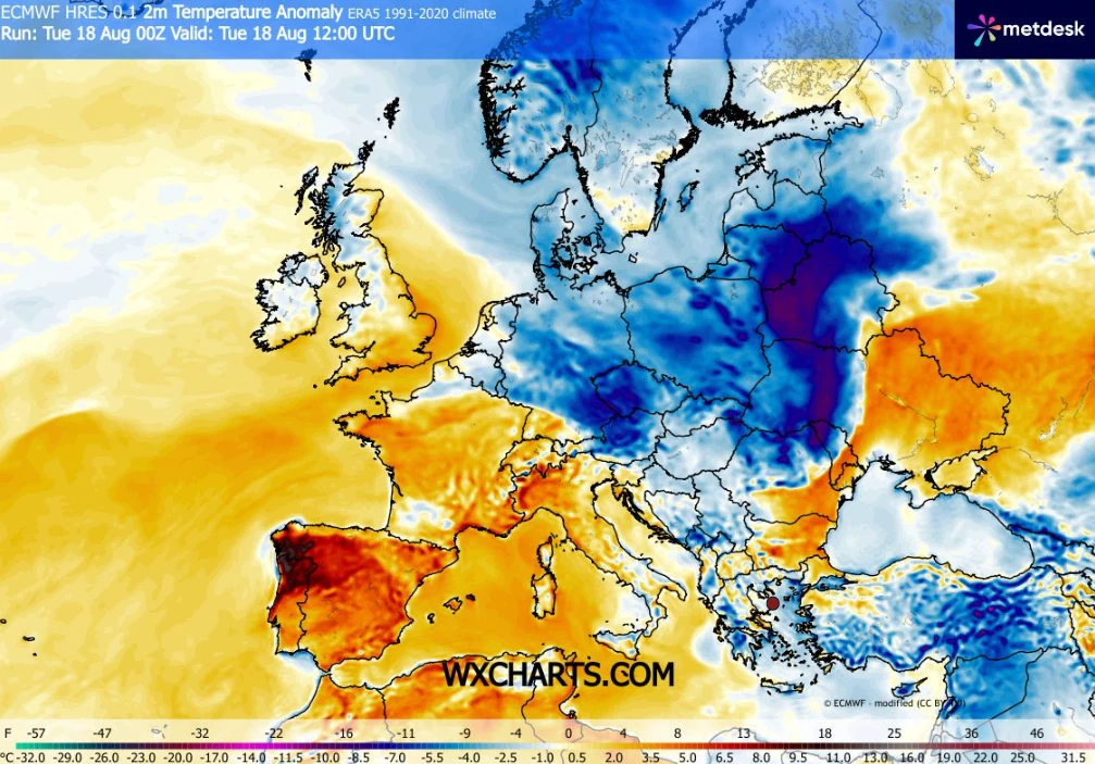 Wtorek będzie chłodnym dniem - w wielu miejscach nawet w najcieplejszych godzinach będzie kilkanaście stopni Mapa Europy z zaznaczonymi anomaliami temperatury, wyraźnie widoczna granica pomiędzy wyjątkowo chłodnym obszarem w Europie Środkowej i Wschodniej a ciepłym regionem obejmującym Hiszpanię, Francję oraz część południowej Europy.